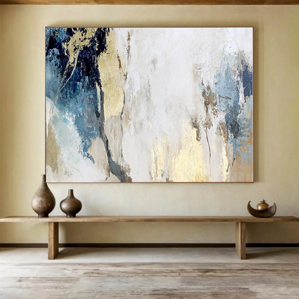 Acrylic Modern Art Paintings Blue, Gold & White Textured Abstract Painting On Canvas HPS112