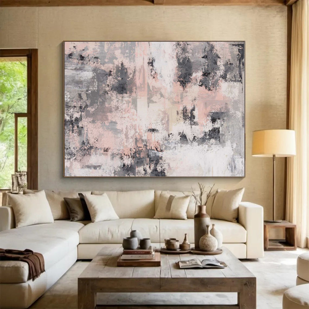 Hand Painted Art Pink, Gray, and Black Abstract Textured Piece, Acrylic Modern Art PT293