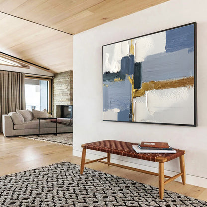 Large Size Blue, Gray, and Gold Textured Abstract Geometric Art HPS354