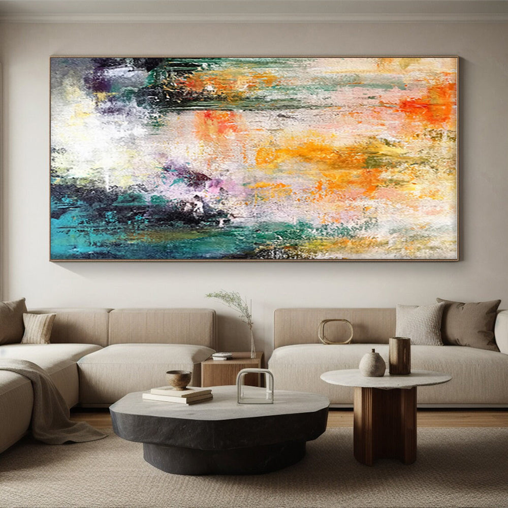 Large Size Multicolor (Orange, Yellow, Green, Purple, Teal) Abstract Energetic Brushstrokes Painting On Canvas PT276