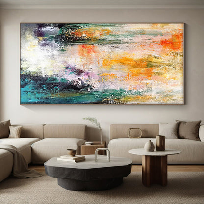 Large Size Multicolor (Orange, Yellow, Green, Purple, Teal) Abstract Energetic Brushstrokes Painting On Canvas PT276