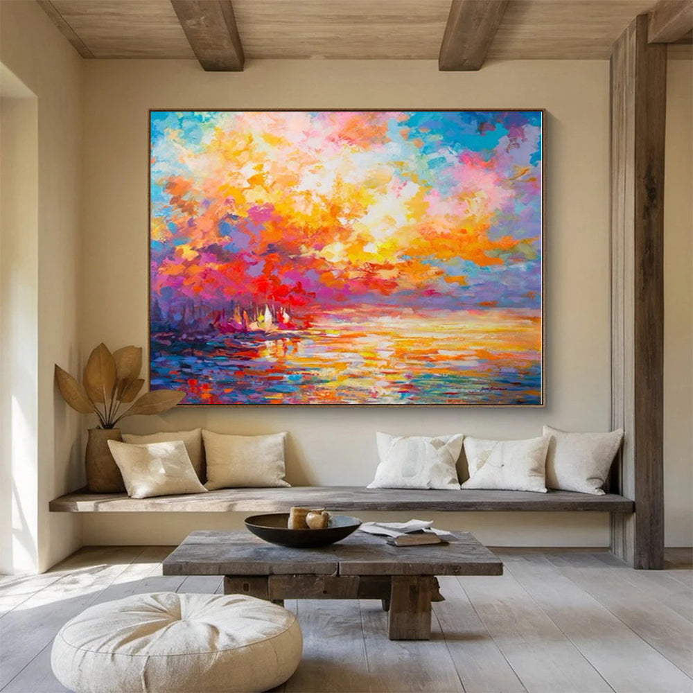 Hand-Painted Multicolor Sunset Landscape Abstract Painting On Canvas HPS100