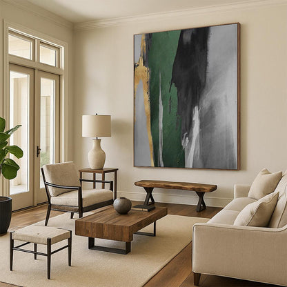 Hand Painting Green, Black, and Gold Abstract Work, Modern Art Acrylic PT002