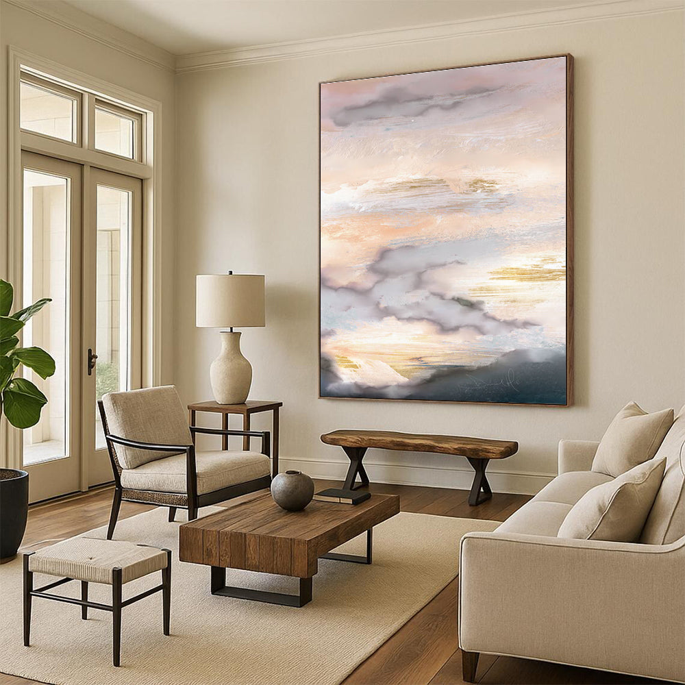 Hand-Painted Pink, Beige, Grey, and Gold Abstract Cloudscape Art PT241