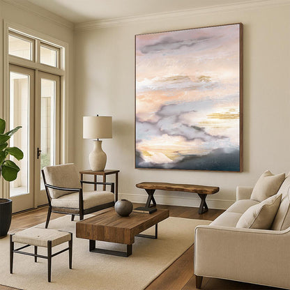 Hand-Painted Pink, Beige, Grey, and Gold Abstract Cloudscape Art PT241