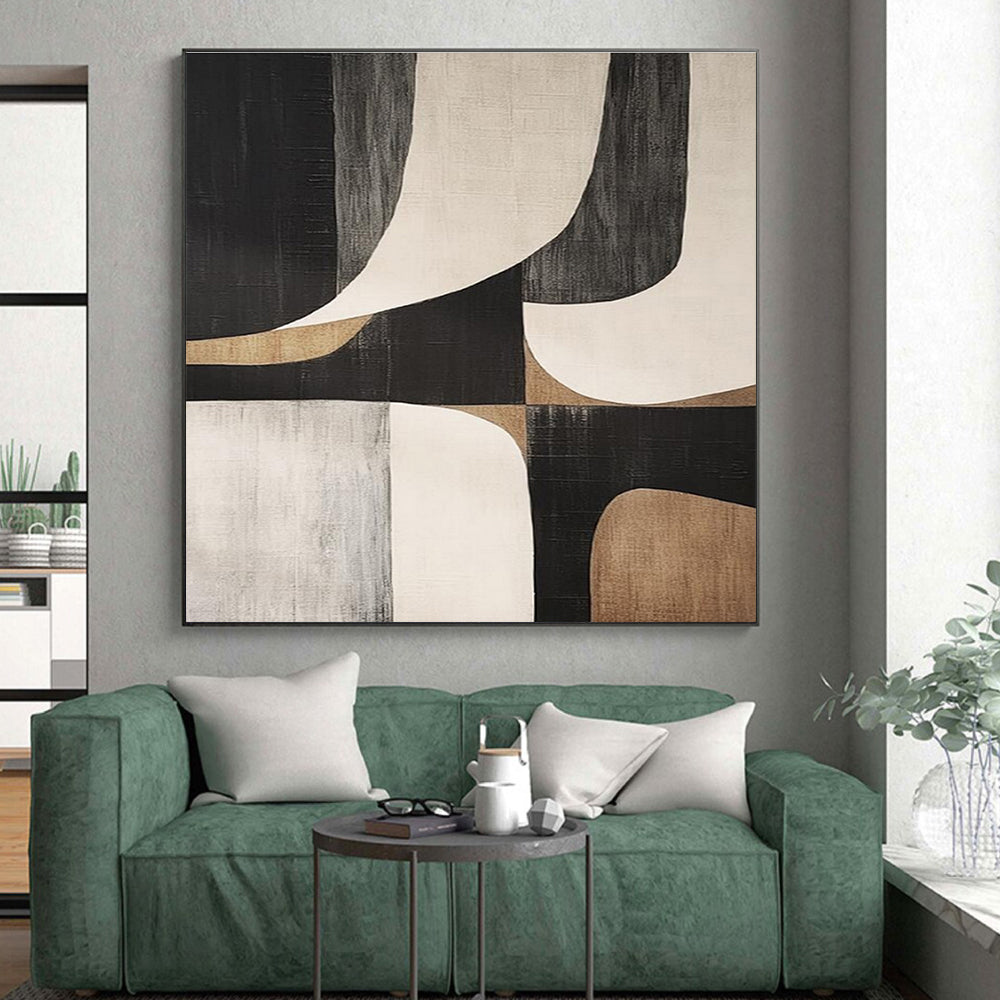 Modern Art Acrylic Black, Beige, and Gray Geometric Abstract Art PT764
