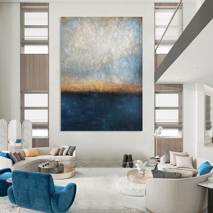 Large Size Blue, Beige & Orange Abstract Sunset Over Water, Modern Art Acrylic DPS503