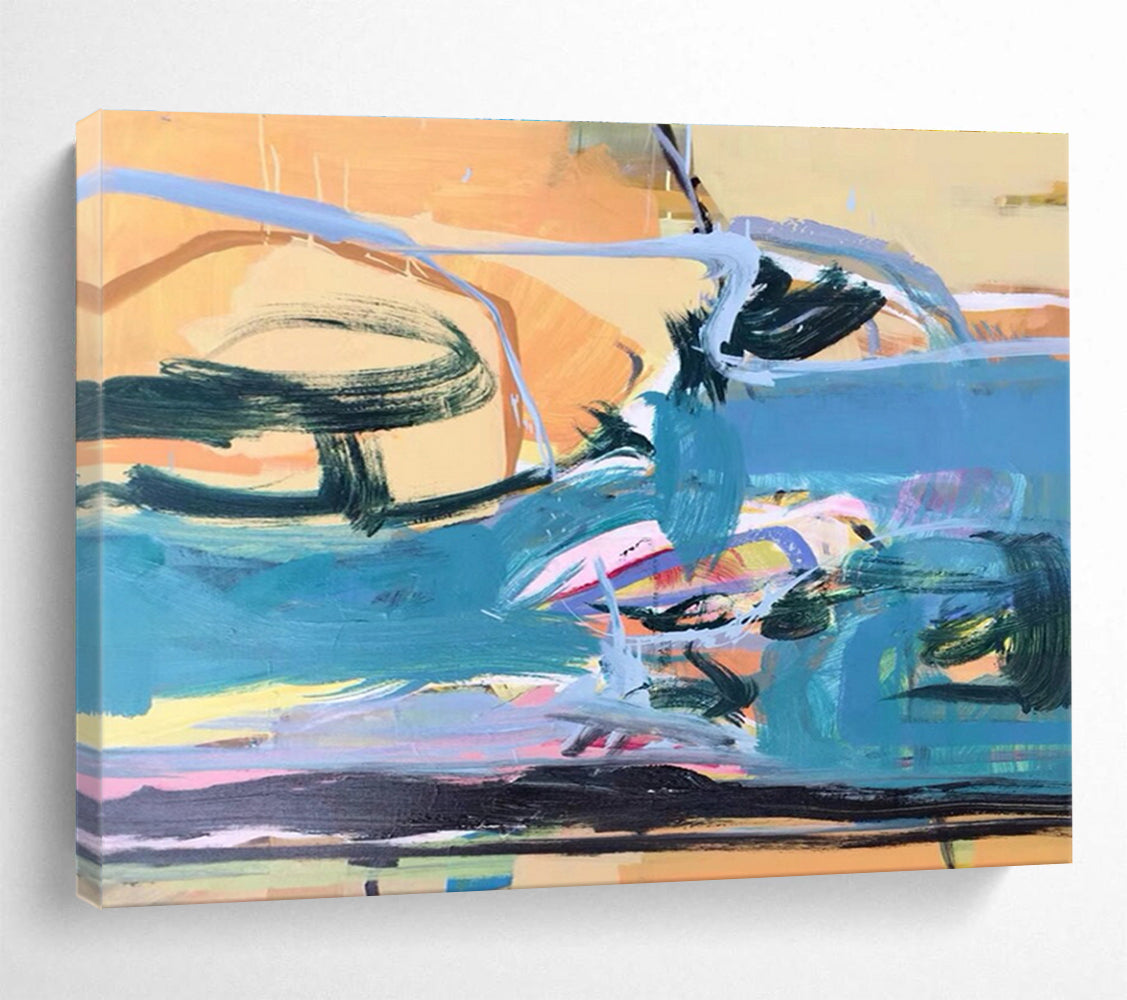 Large Painting In Living Room Teal, Orange & Pink Abstract Fluid Art HPS167