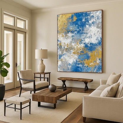 Oversized Abstract Wall Art Blue, Gold & Gray Textured Abstract Painting On Canvas PT118