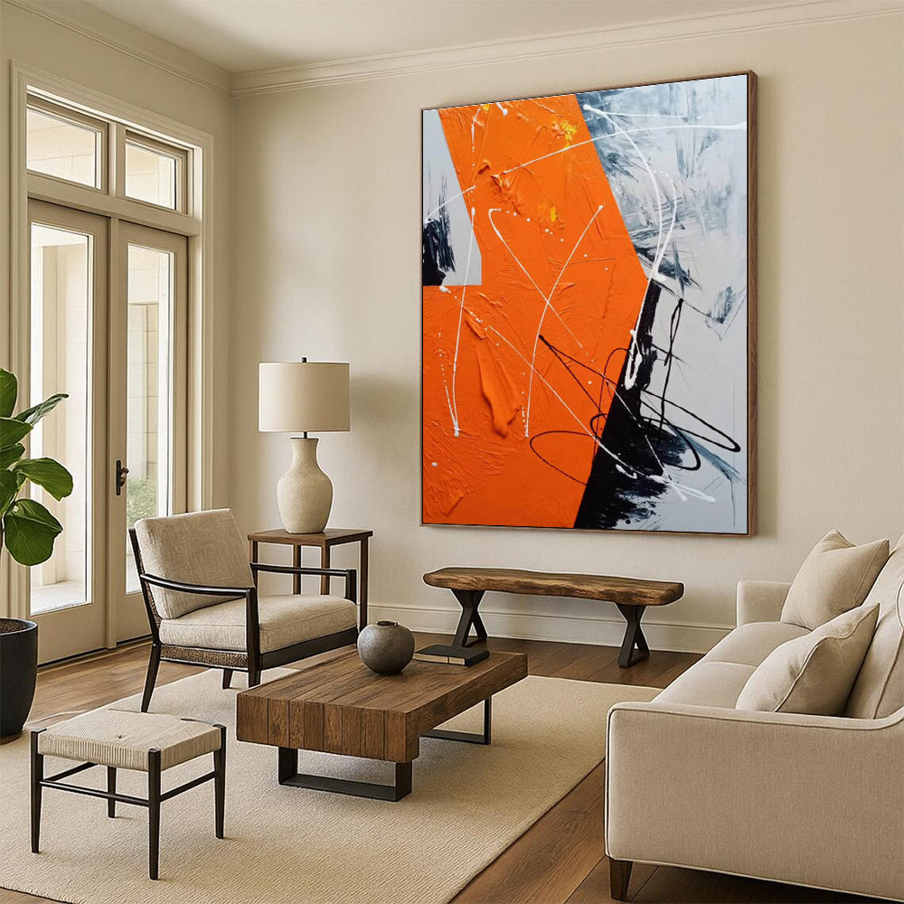 Large Painting In Living Room Orange Black White Textured Abstract Art PT409