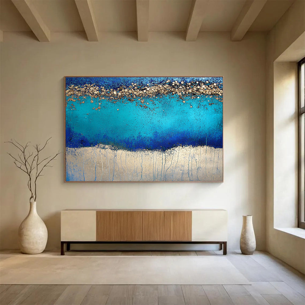Large Size Blue and Gold Textured Abstract Coastal Art HPS324