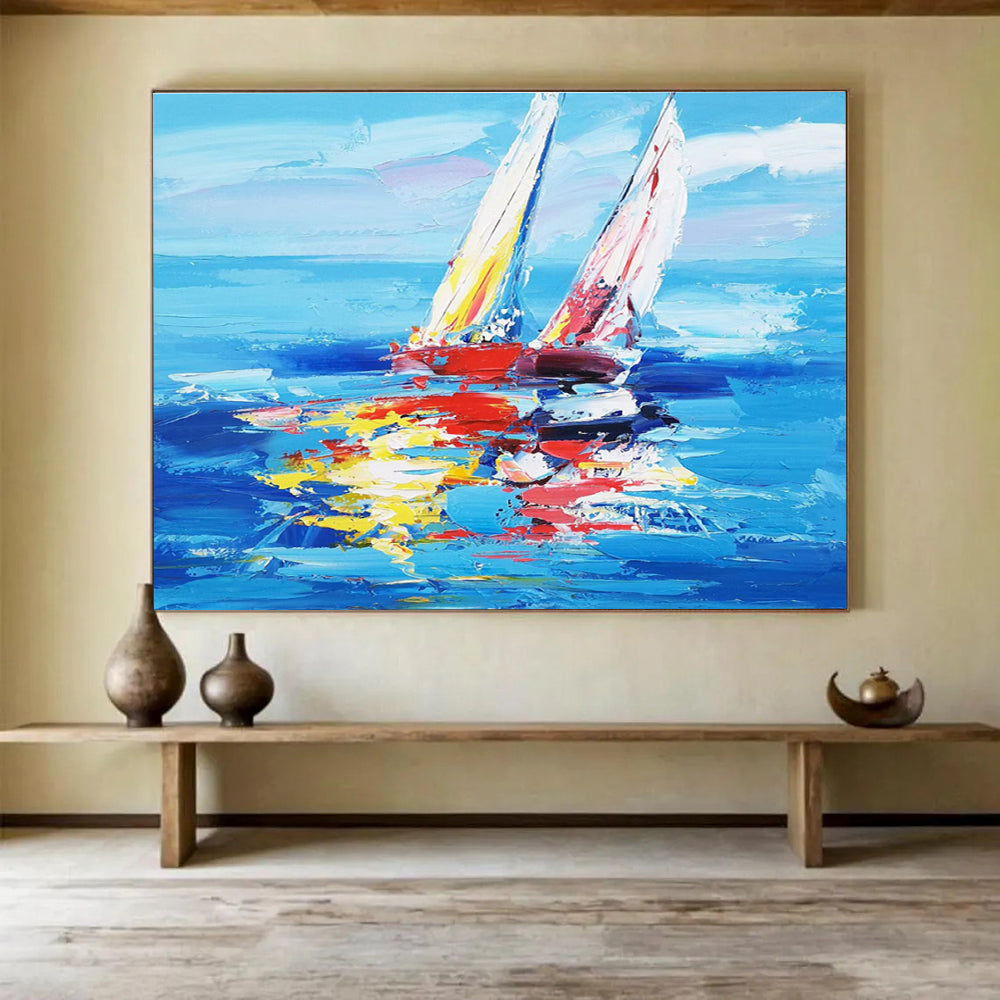 Hand Painting Blue, Red & Yellow Sailboat Impressionistic Acrylic Painting HPS232