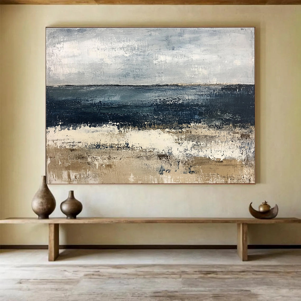 Buy Abstract Art Online Gray, Blue, and Beige Abstract Seaside Landscape HPS309