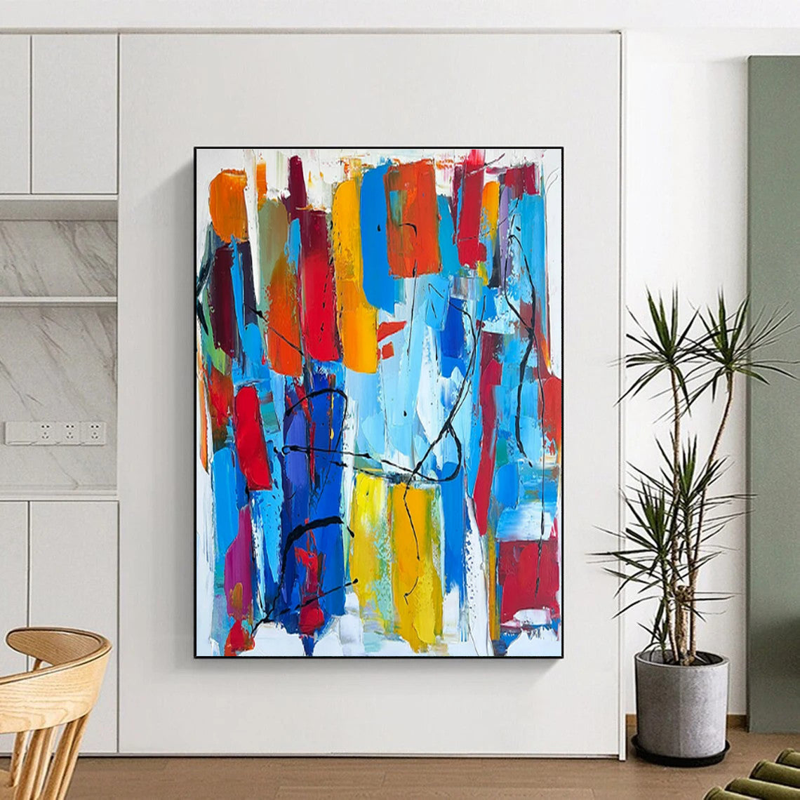 Hand-Painted Multicolor Abstract Energetic Composition, Acrylic Modern Art Paintings PT540