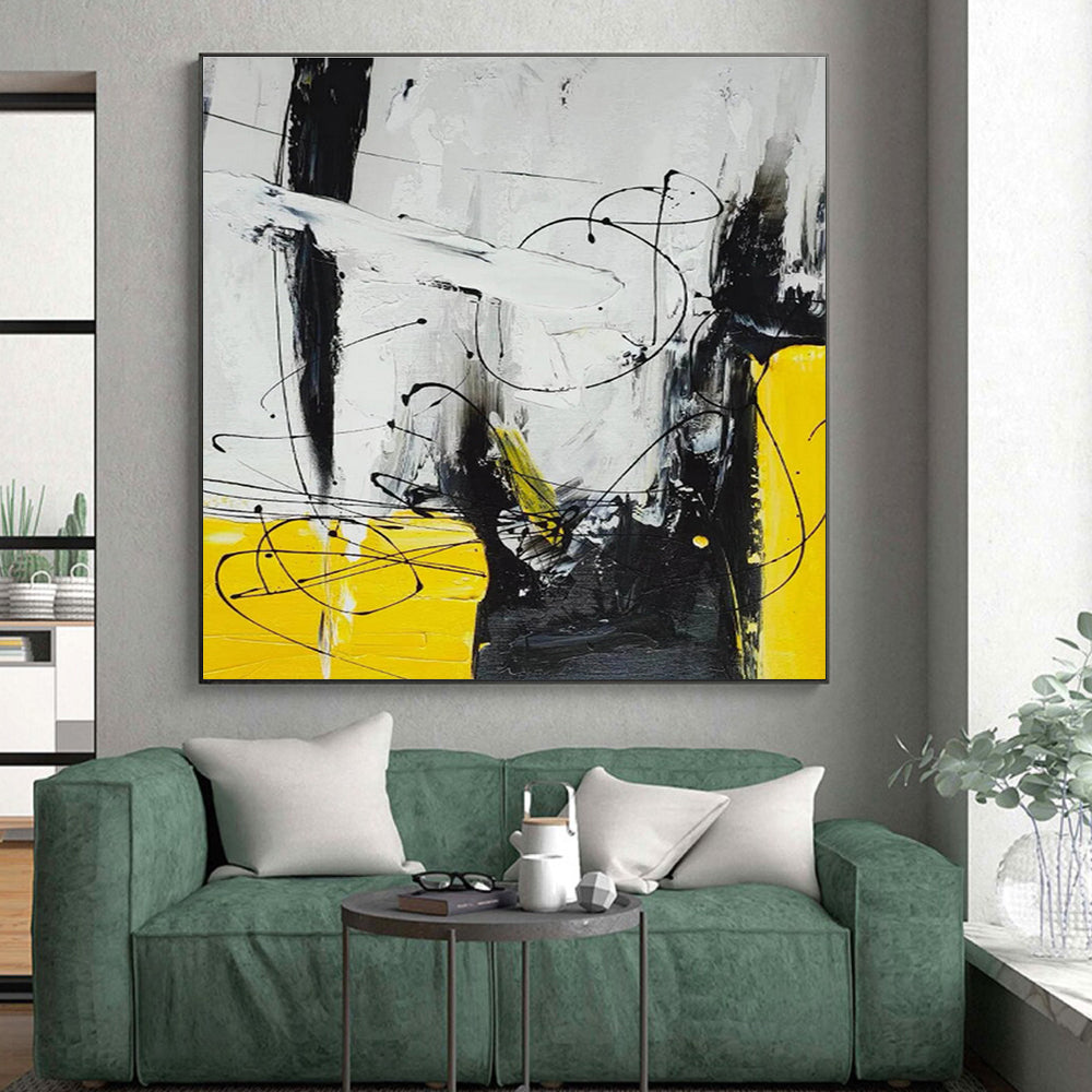 Unique Abstract Art Black White Yellow Textured Abstract Art PT405