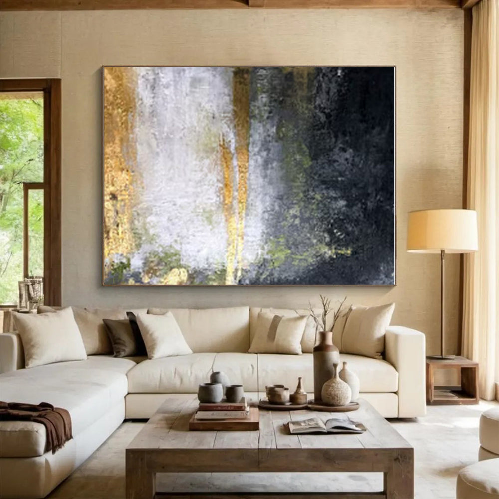 Hand-Painted Black, Gold, and White Textured Abstract Art PT653