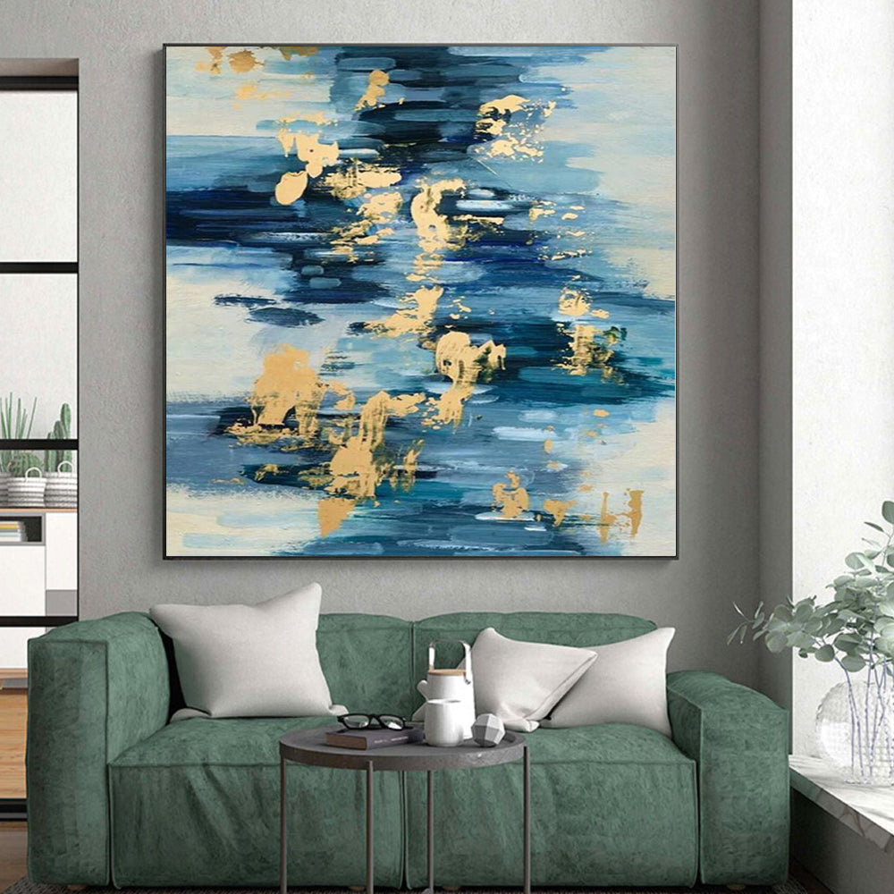Hand-Painted Blue and Gold Abstract Painting with Brush Strokes, Acrylic Modern Art PT001