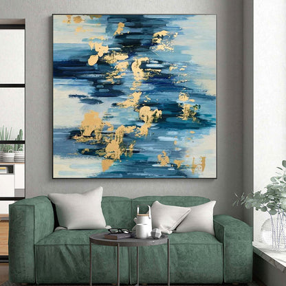 Hand-Painted Blue and Gold Abstract Painting with Brush Strokes, Acrylic Modern Art PT001