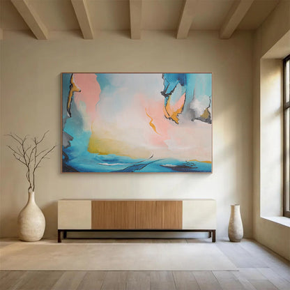 Modern Art Acrylic Soft Blue & Pink Abstract Figures On Canvas HPS018