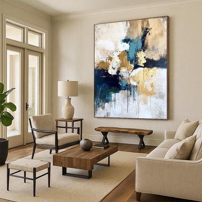 Abstract Canvas Wall Art Large, Gold Blue White Black Abstract Textured Art PT165