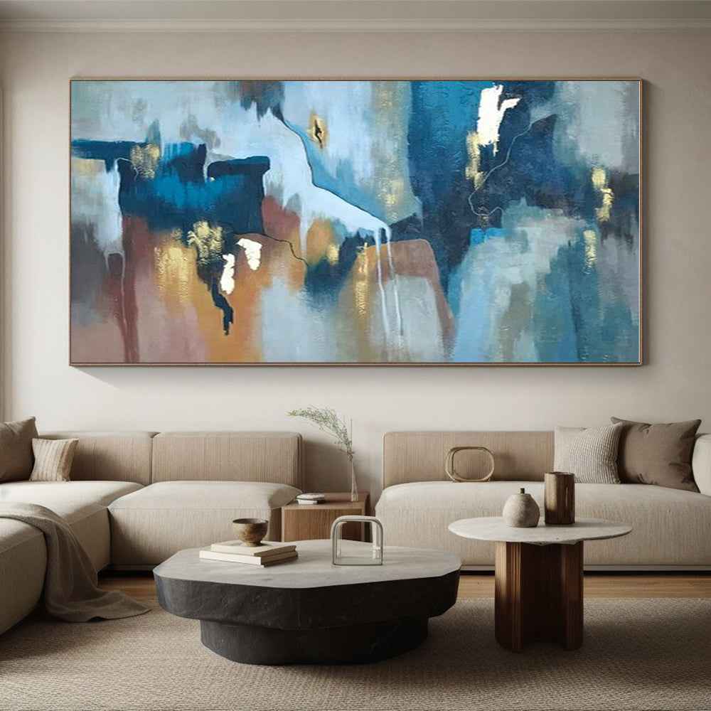 Large Contemporary Wall Art Blue, Brown, and Gold Abstract Art PT652