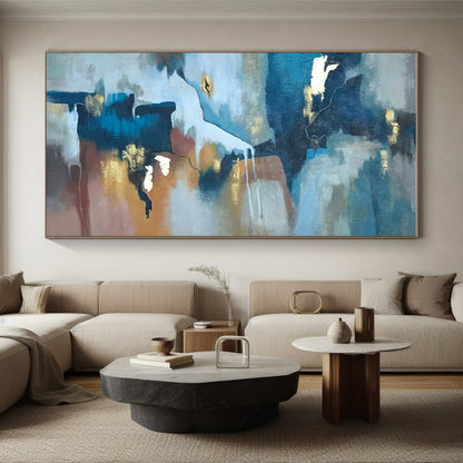 Large Contemporary Wall Art Blue, Brown, and Gold Abstract Art PT652