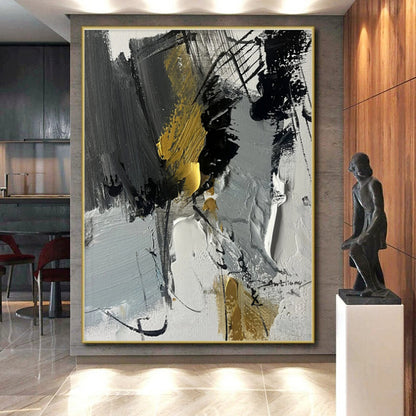 Large Size Gray Black Gold Abstract Expressionist Acrylic Painting PT466