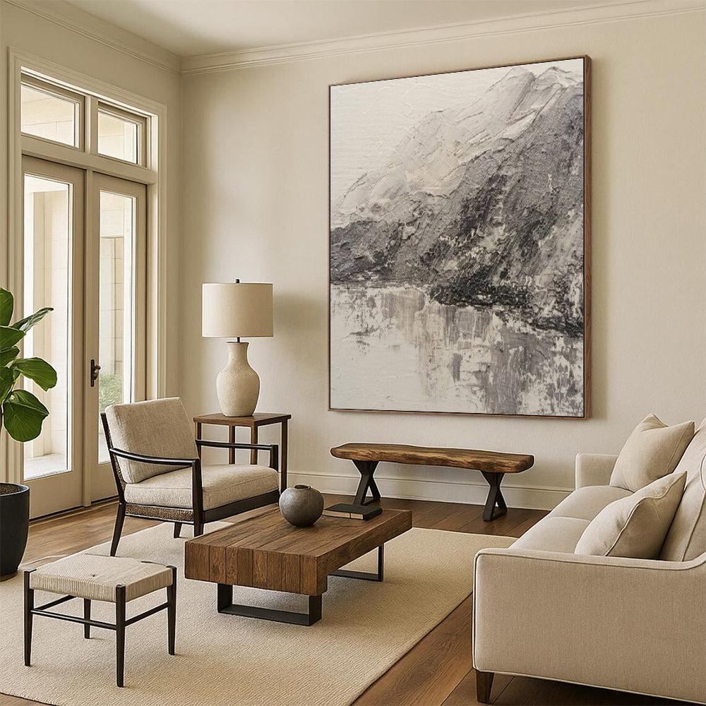 Hand Painting Gray and White Textured Mountain Landscape Abstract Art PT721