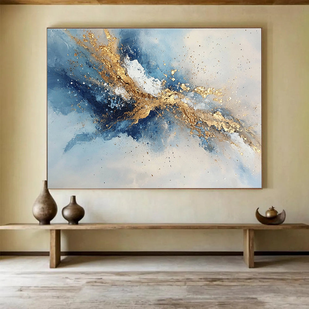 Hand Painted Art Blue, Gold & White Splatter Abstract Painting HPS264