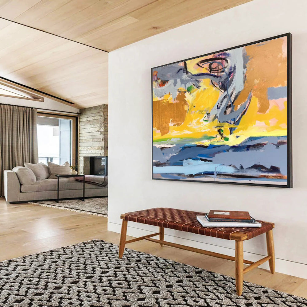 Modern Art Acrylic Yellow, Gray & Blue Abstract Energetic Art HPS189