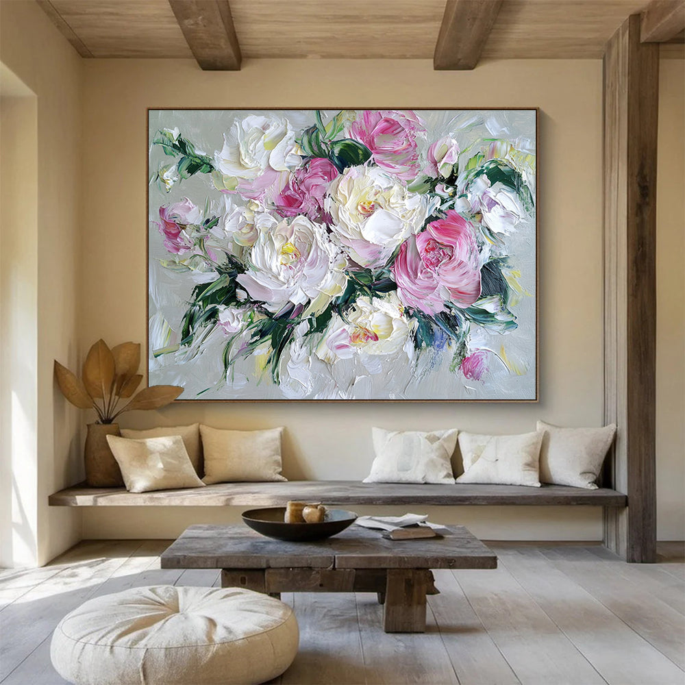 Hand-Painted Pink and White Peony Floral Textured Oil Painting HPS321