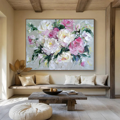 Hand-Painted Pink and White Peony Floral Textured Oil Painting HPS321