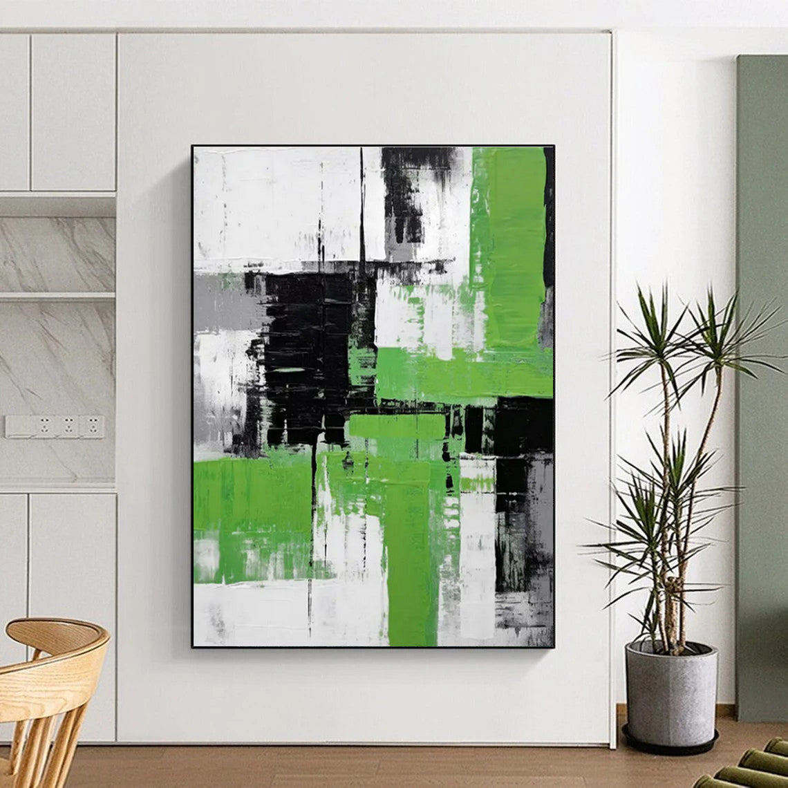 Cool Abstract Paintings Green, Black, White, and Gray Geometric Abstract Art PT796