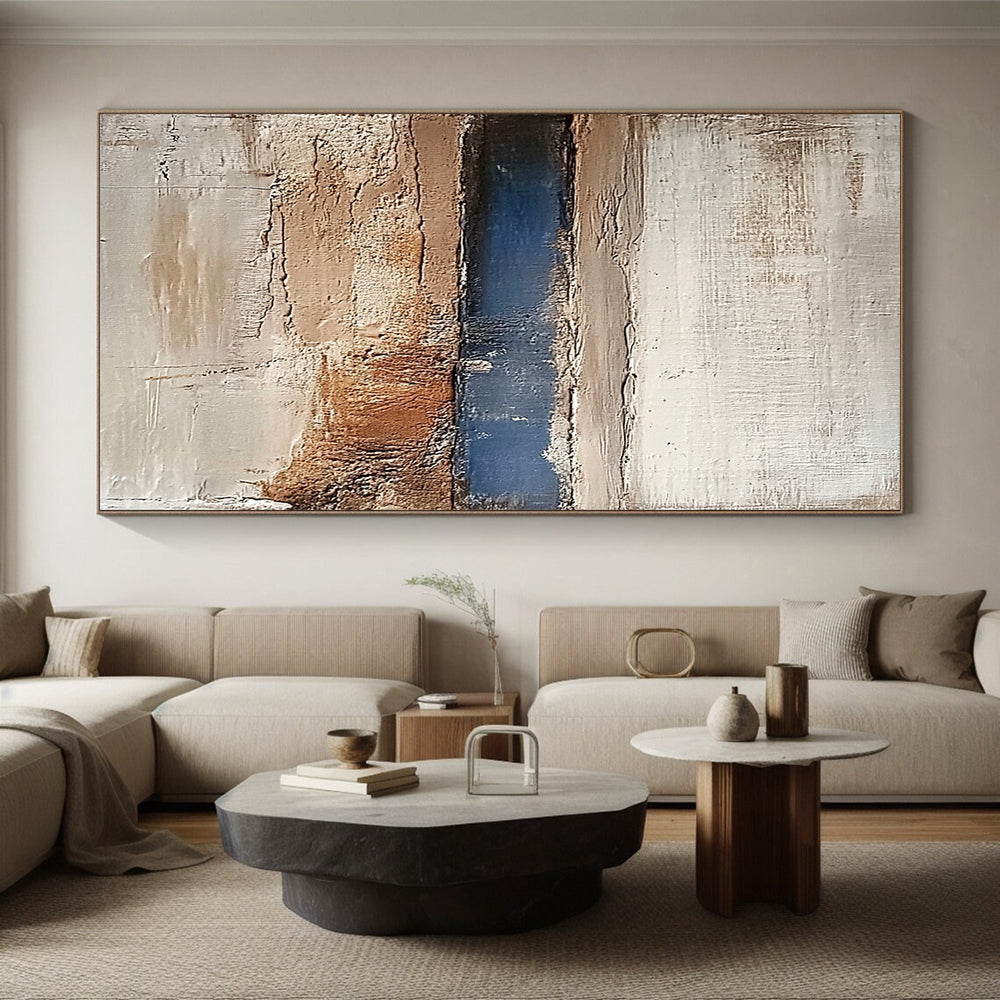 Modern Large Abstract Canvas Painting With Beige, Blue, Brown Textured Layers On Canvas PT193