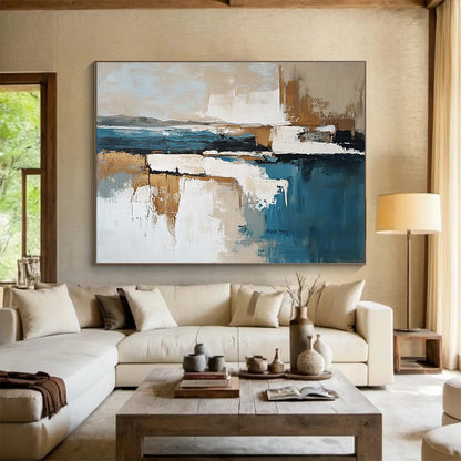 Cool Abstract Paintings Blue, Beige, and White Abstract Coastal Reflection HPS308
