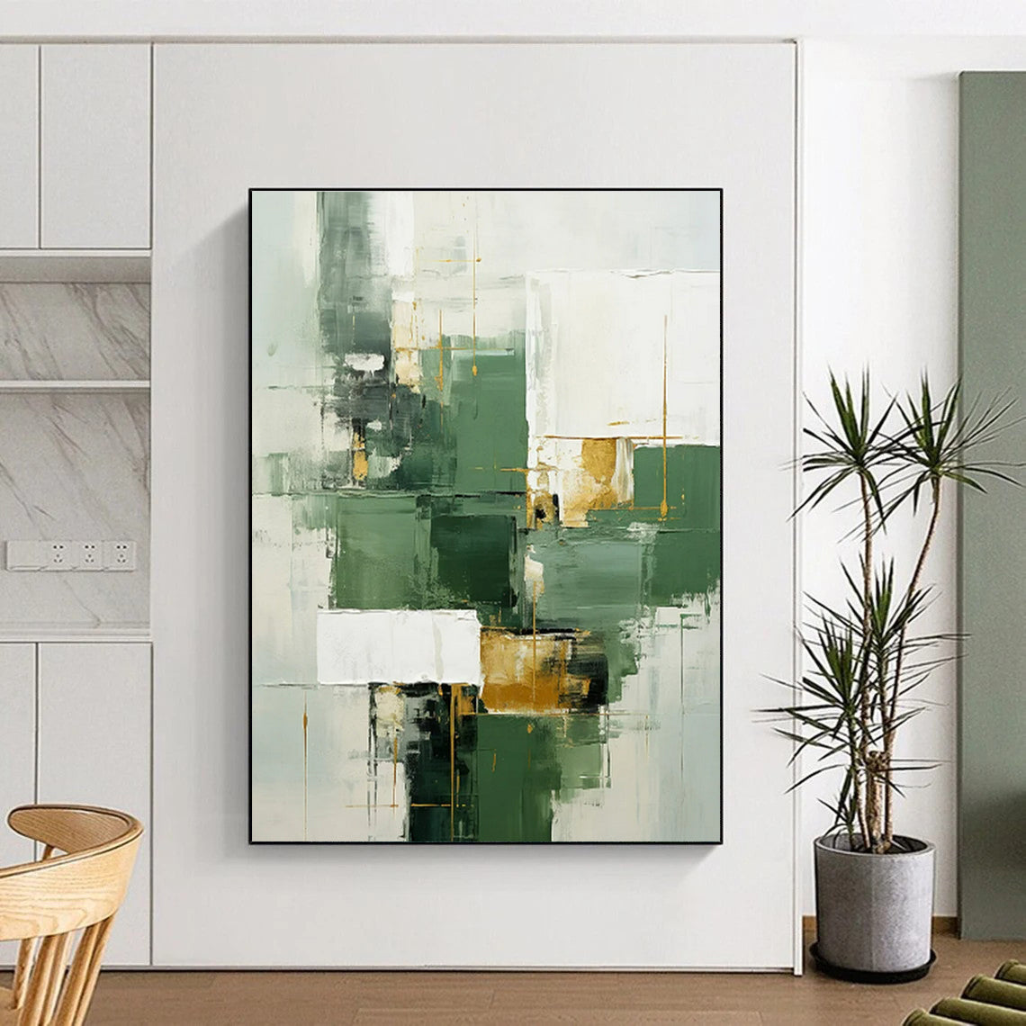 Large Size Green, White, and Gold Geometric Abstract Art PT800
