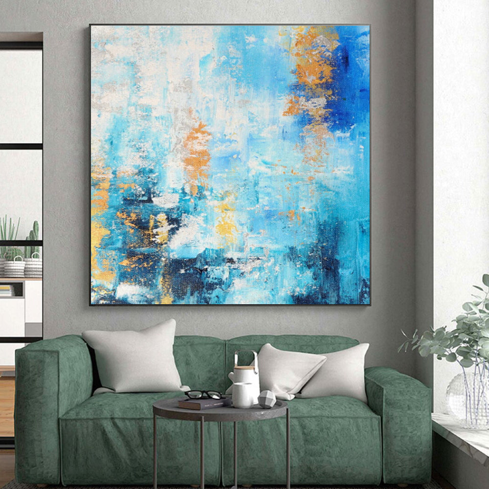 Hand-Painted Blue and Orange Abstract Art with White Accents, Acrylic Modern Art Painting PT281