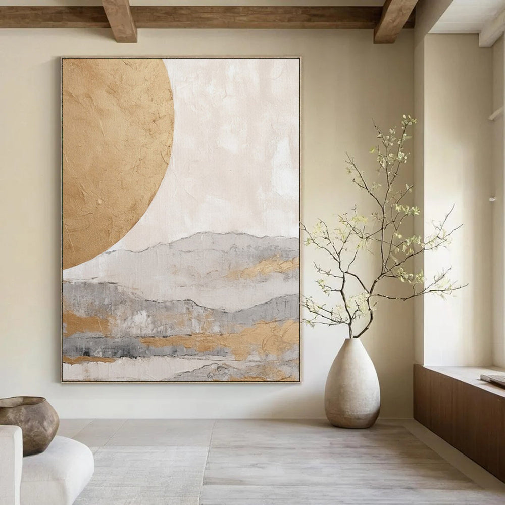 Hand-Painted Beige & Gray Abstract Landscape with Golden Circle, Acrylic Modern Art Painting DPS486