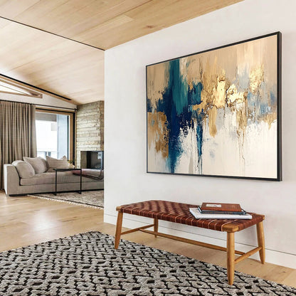 Large Size Teal, Gold & White Textured Abstract Painting HPS275