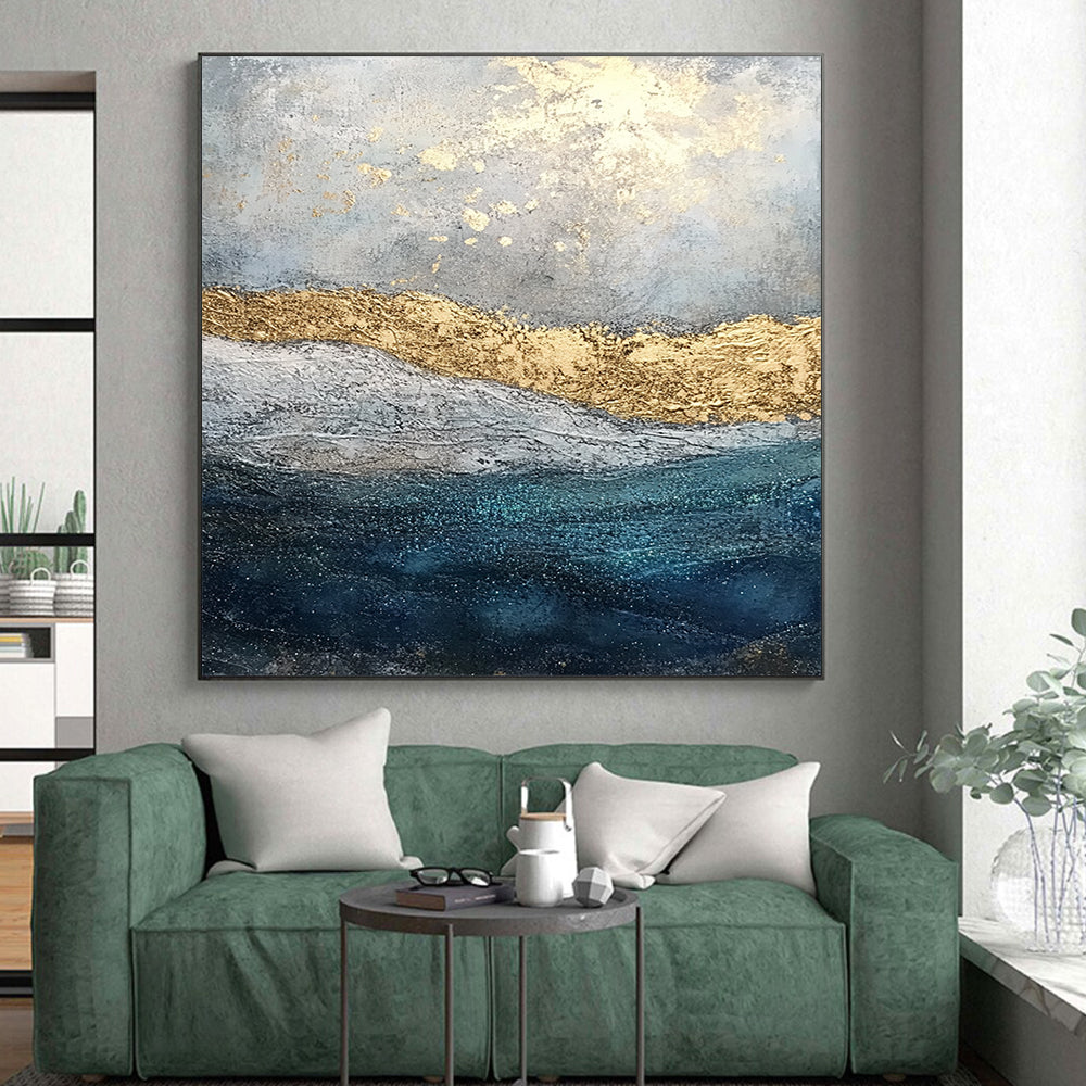 Original Large Abstract Paintings For Sale, Gold Blue Gray Abstract Textured Art PT172