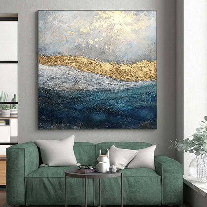 Original Large Abstract Paintings For Sale, Gold Blue Gray Abstract Textured Art PT172