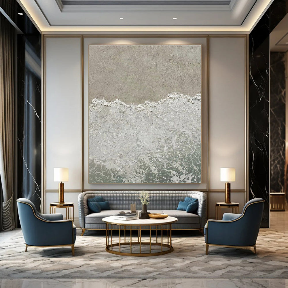 Large Painting In Living Room Gray, White, and Green Textured Abstract Seaside Art DPS480