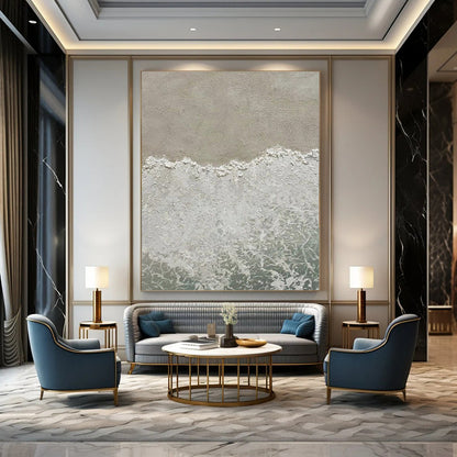 Large Painting In Living Room Gray, White, and Green Textured Abstract Seaside Art DPS480