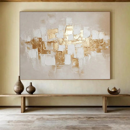 Gaint Canvas Art Gold and White Textured Abstract Geometric Art HPS352