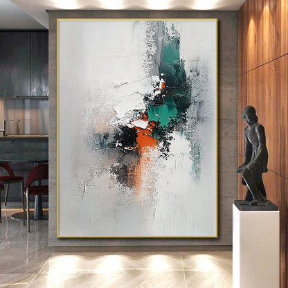 Big Abstract Painting On Canvas With Gray, Teal, Orange Textured Abstract Composition On Canvas PT198