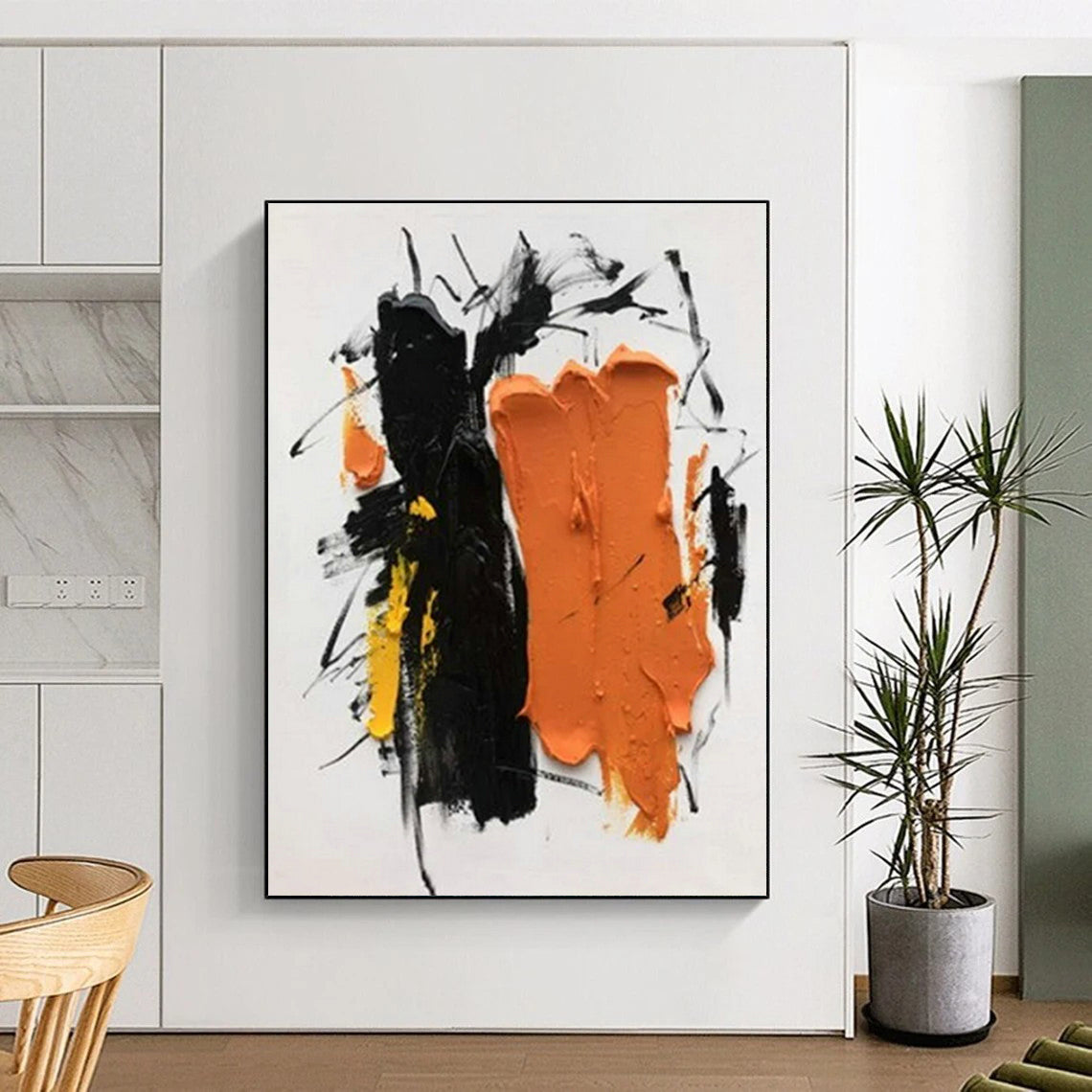 Unique Abstract Art Black, Orange and Yellow Dynamic Abstract Piece, Large Contemporary Wall Art PT522