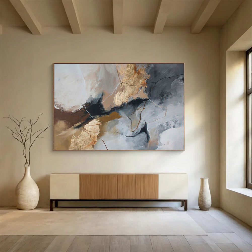 Large Size Gray, Gold & Black Textured Abstract On Canvas HPS046