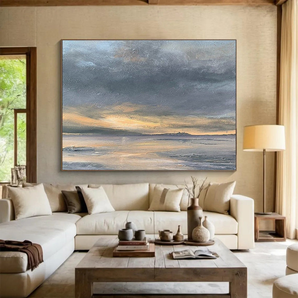 Hand-Painted Gray & Orange Abstract Coastal Sunset Art HPS181