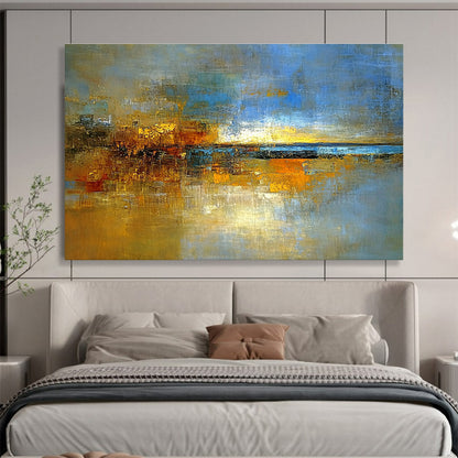 Hand-Painted Blue, Gold & Brown Textured Landscape Abstract Painting HPS271