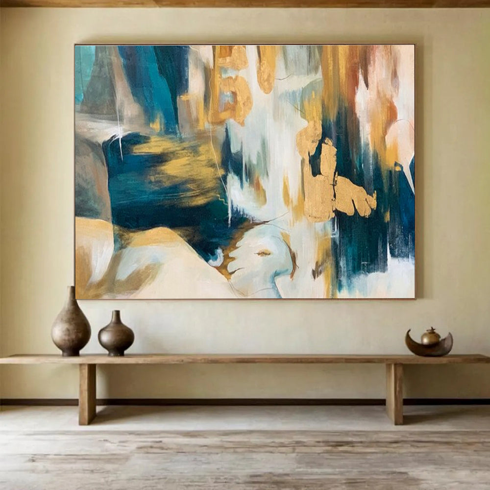 Paintings For House Teal, Gold, and Beige Textured Abstract Art HPS380